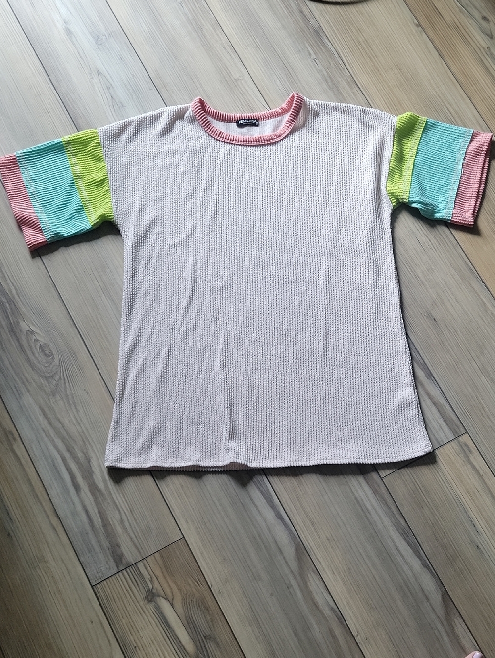 HEIMISH USA Pink Waffle Tee with Mint & Lime Colorblock Sleeves